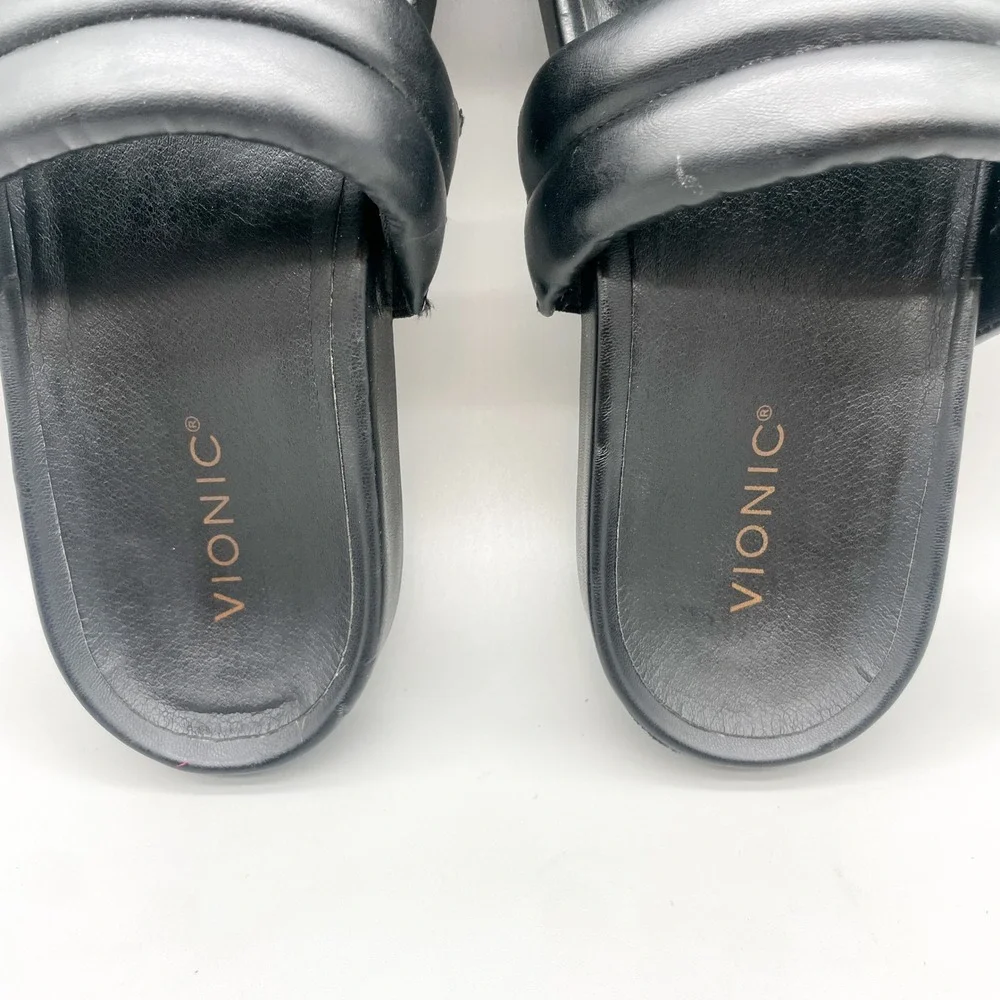 Vionic Womens 10 Mayla Slide Sandals Black Padded Leather Two Strap Orthotic